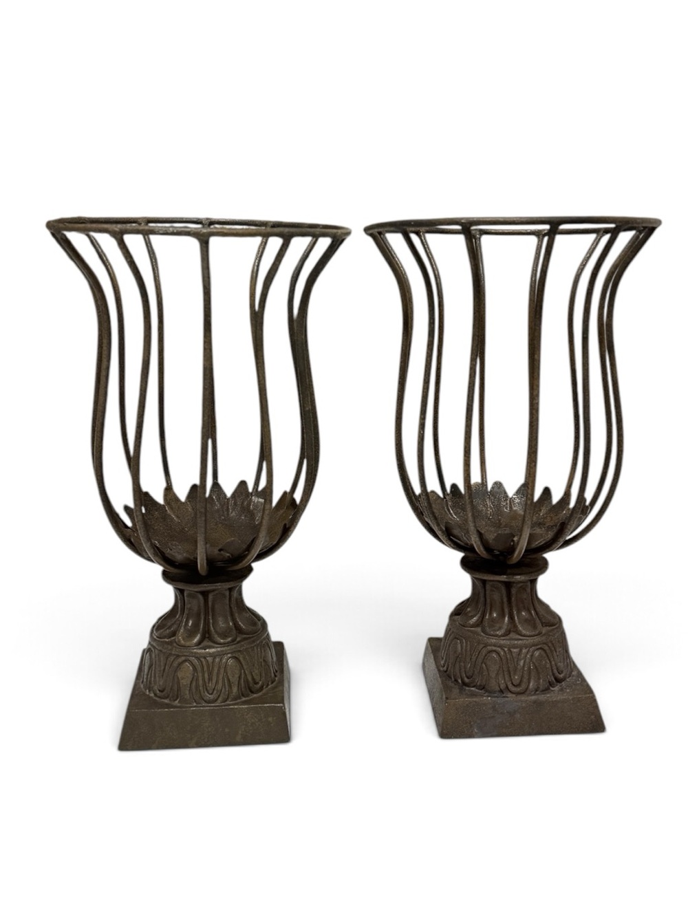 Vintage Rustic Elegance Openwork Metal Urn Pair Candle Holders
